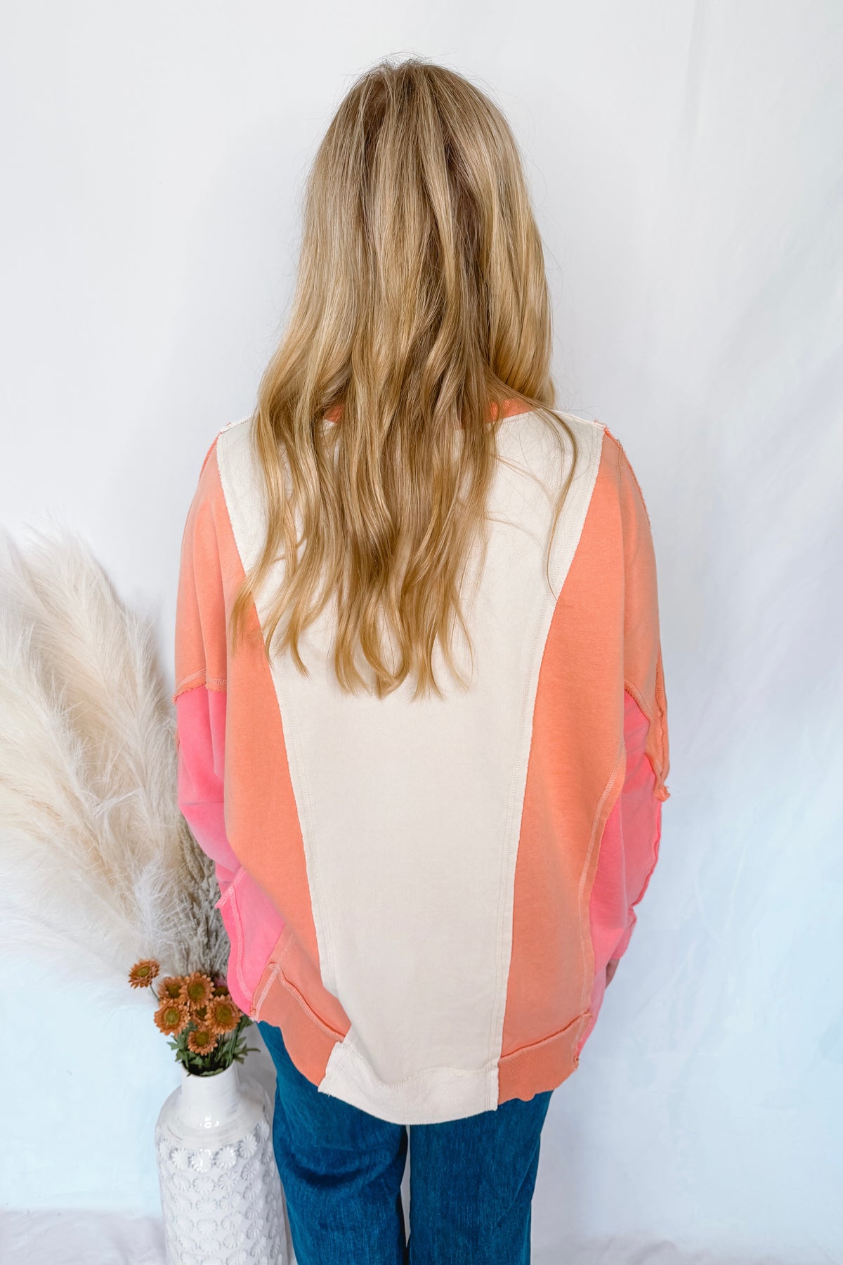 Good Vibes Mineral Washed Color Block Top - Coral Combo