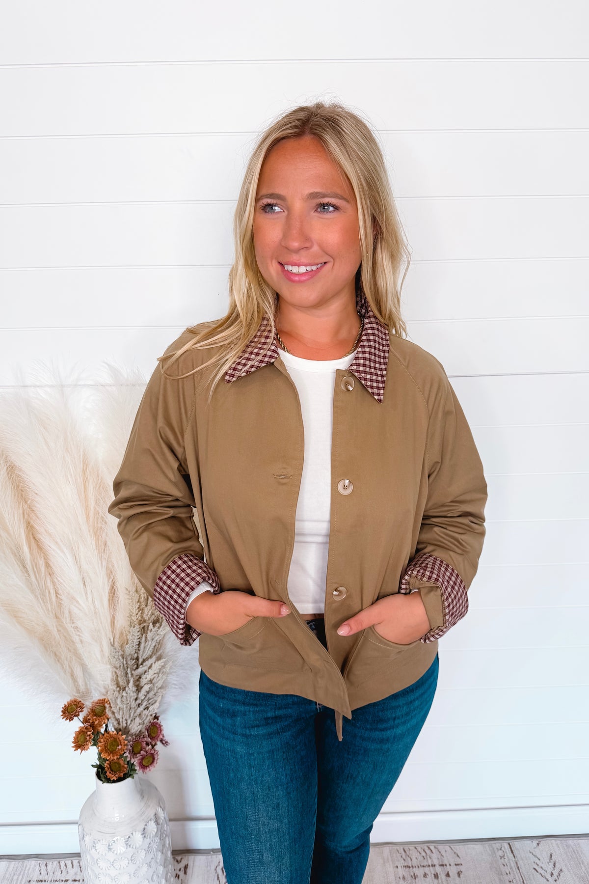Loving Fall Plaid Collar Jacket - Tan