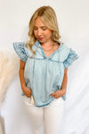 Stunning Vibes Chambray Ruffle Sleeve Top