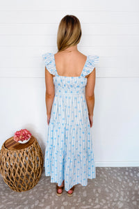 Garden Party Striped Floral Midi Dress - Light Blue