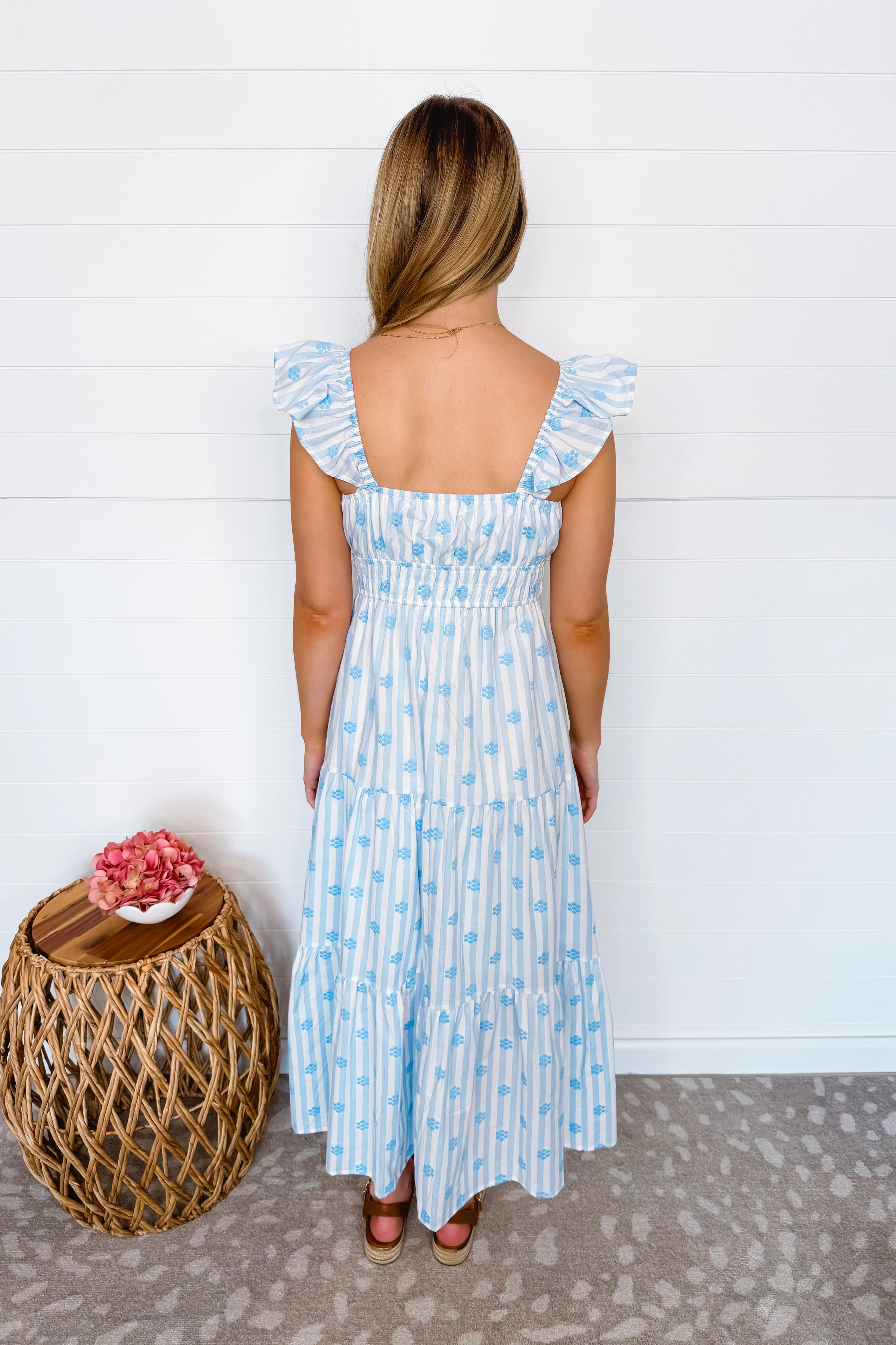 Garden Party Striped Floral Midi Dress - Light Blue