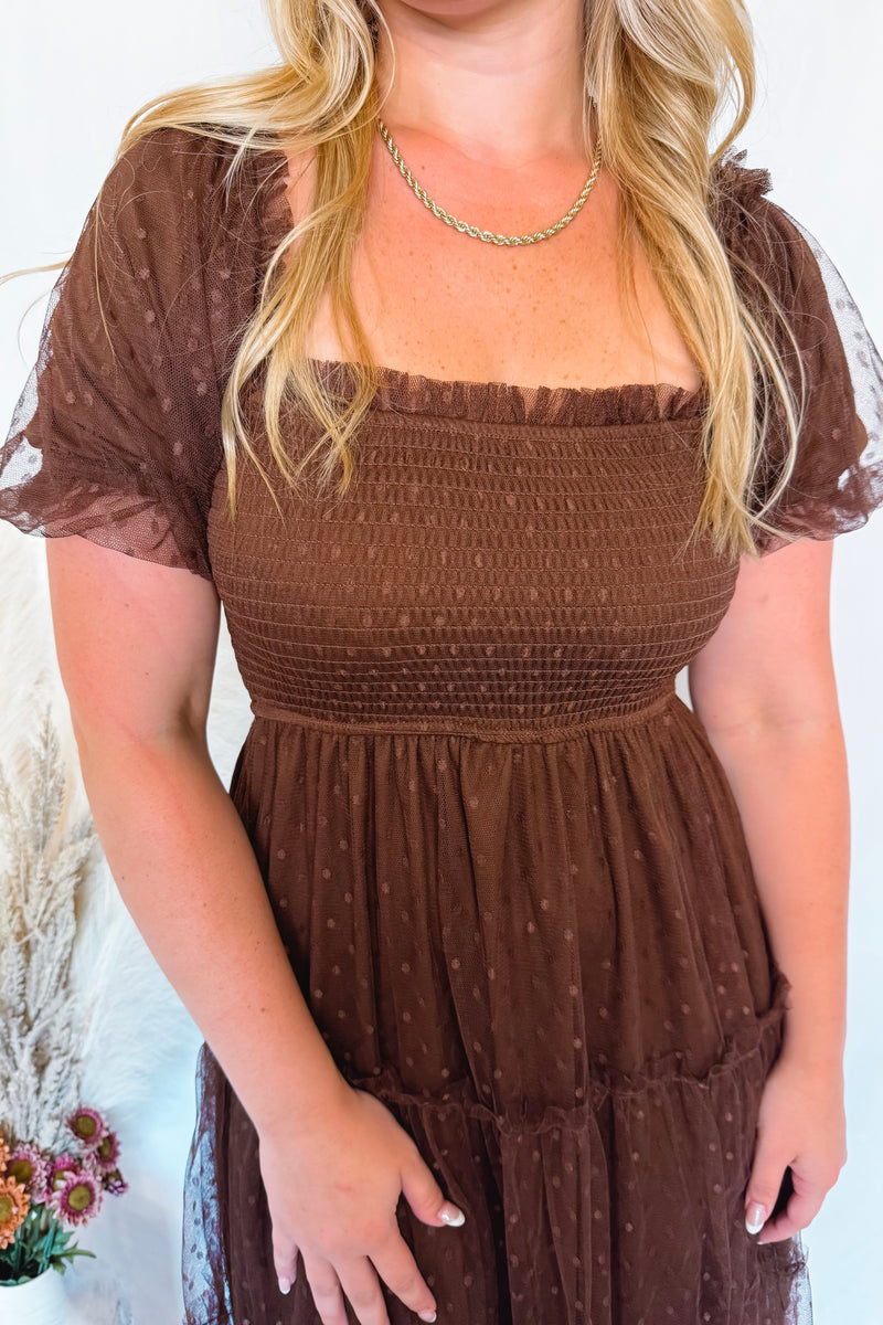 Phoebe Puff Sleeve Tulle Midi Dress - Brown