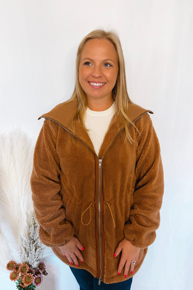 Cuddle Me Zip-Up Sherpa Jacket - Brown