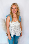 Romantic Getaway Floral Tie Shoulder Tank - Ivory/Blue