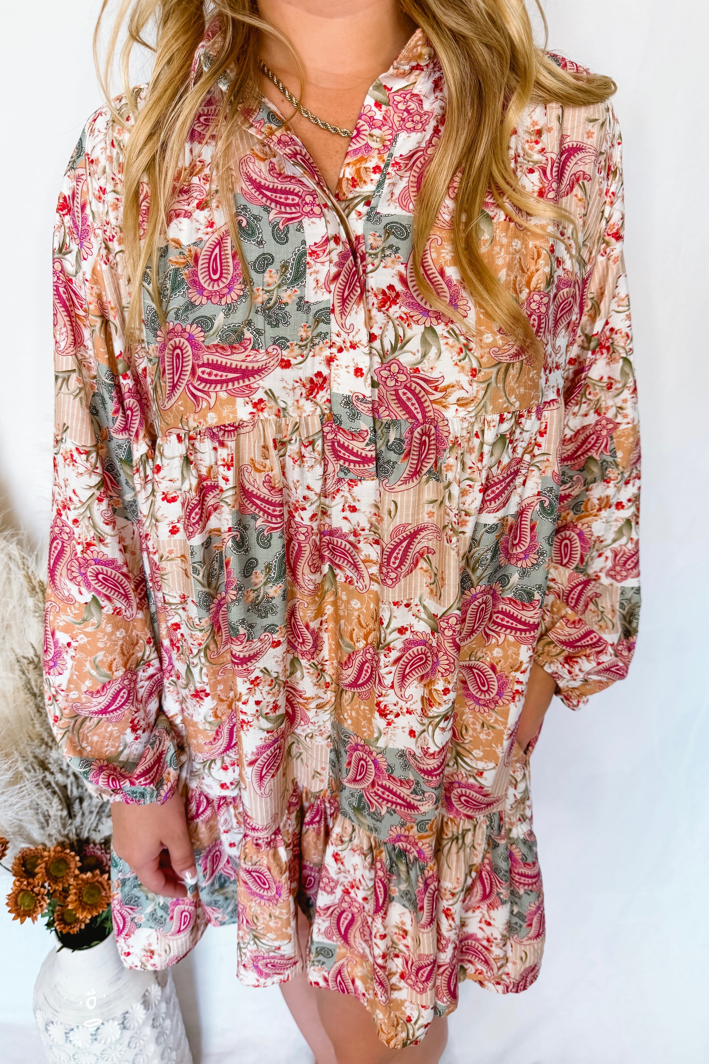Rosewood Fields Paisley Mini Dress - Apricot Multi