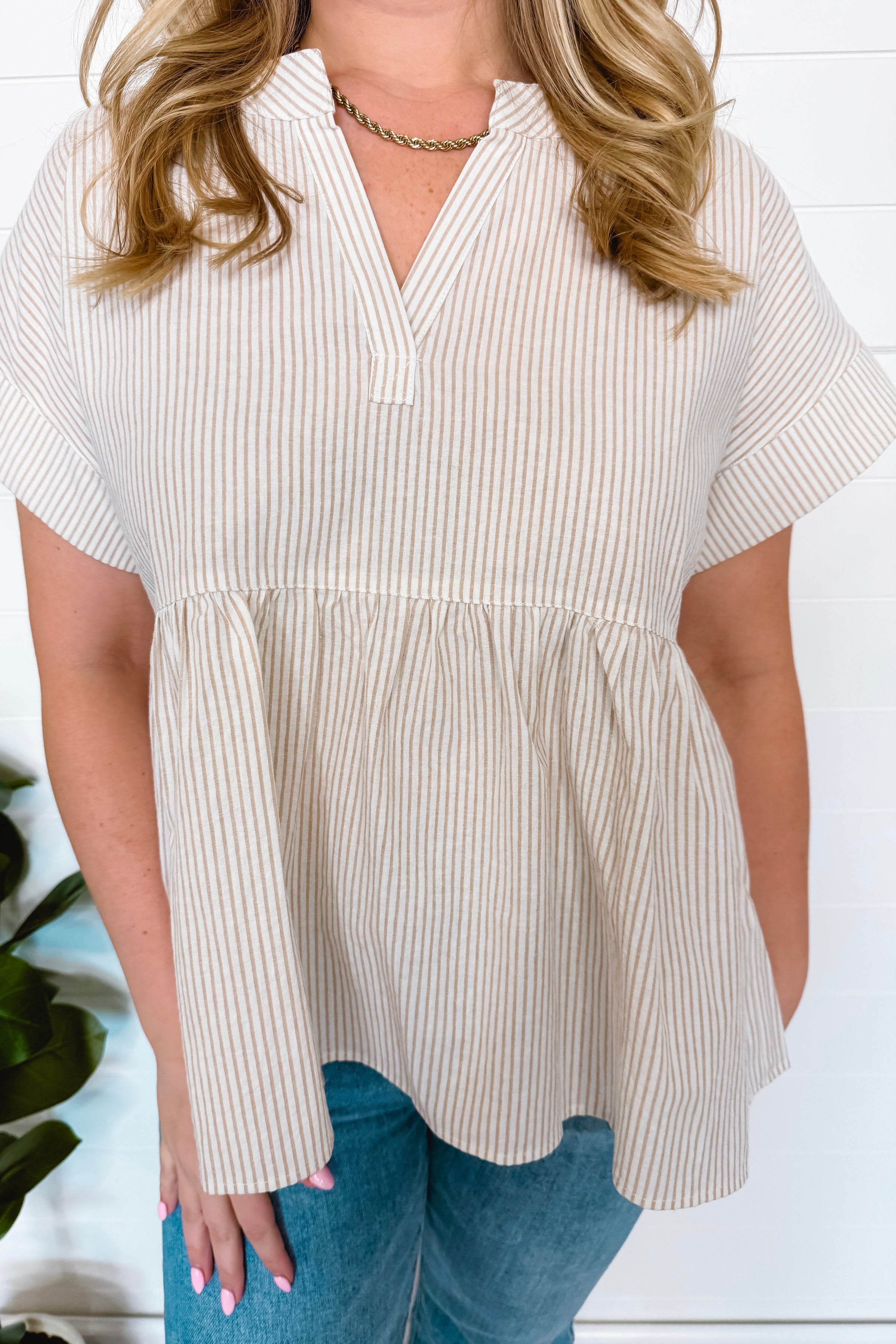 Annie Striped Split Neck Peplum Top - Taupe