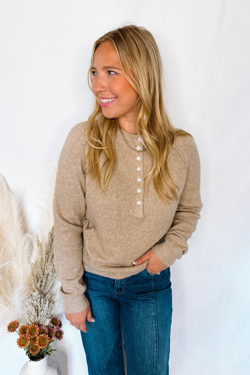 Love A Latte Button Sweater - Tan