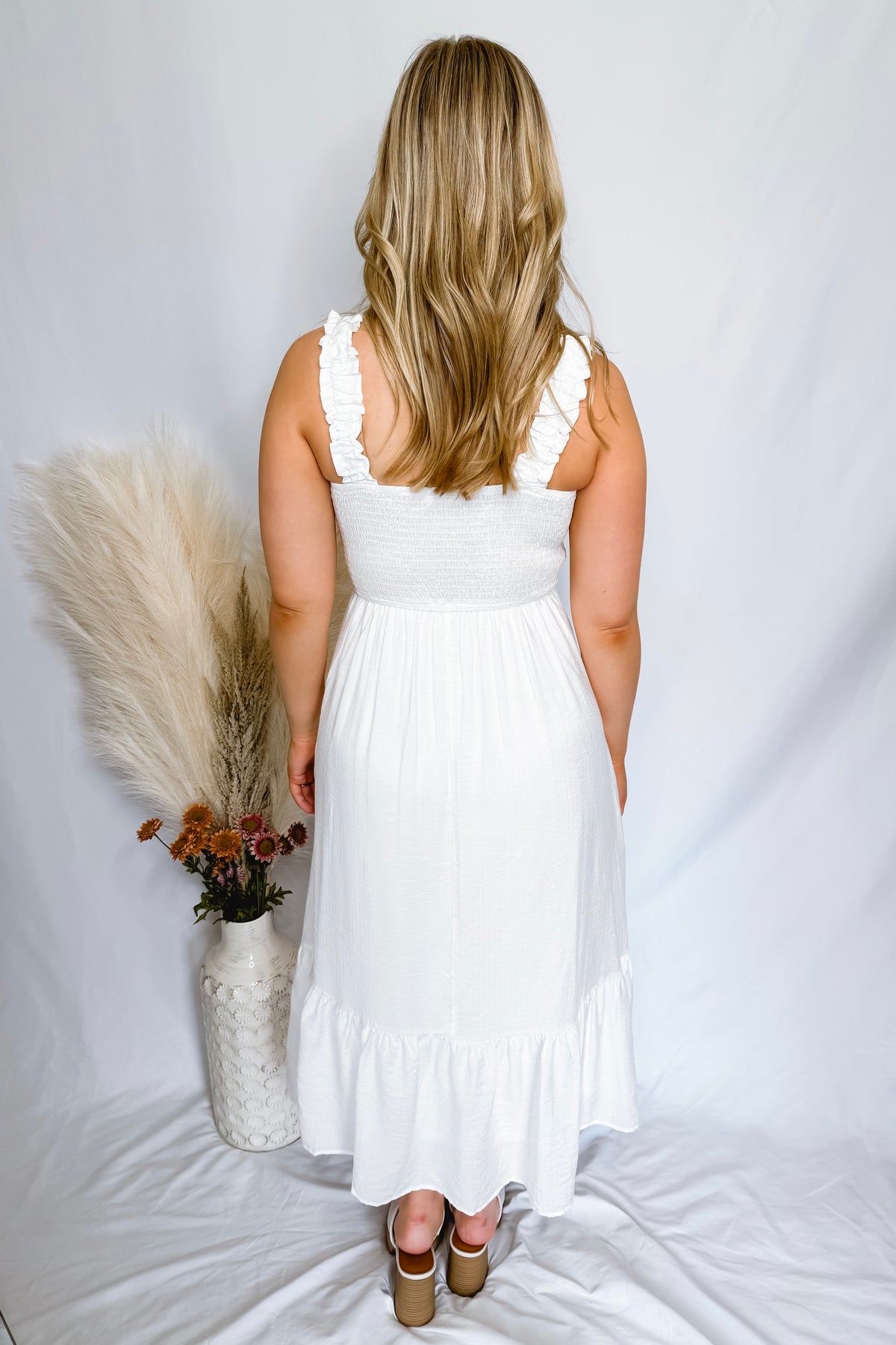 Ashley Ruffle Midi Dress - White