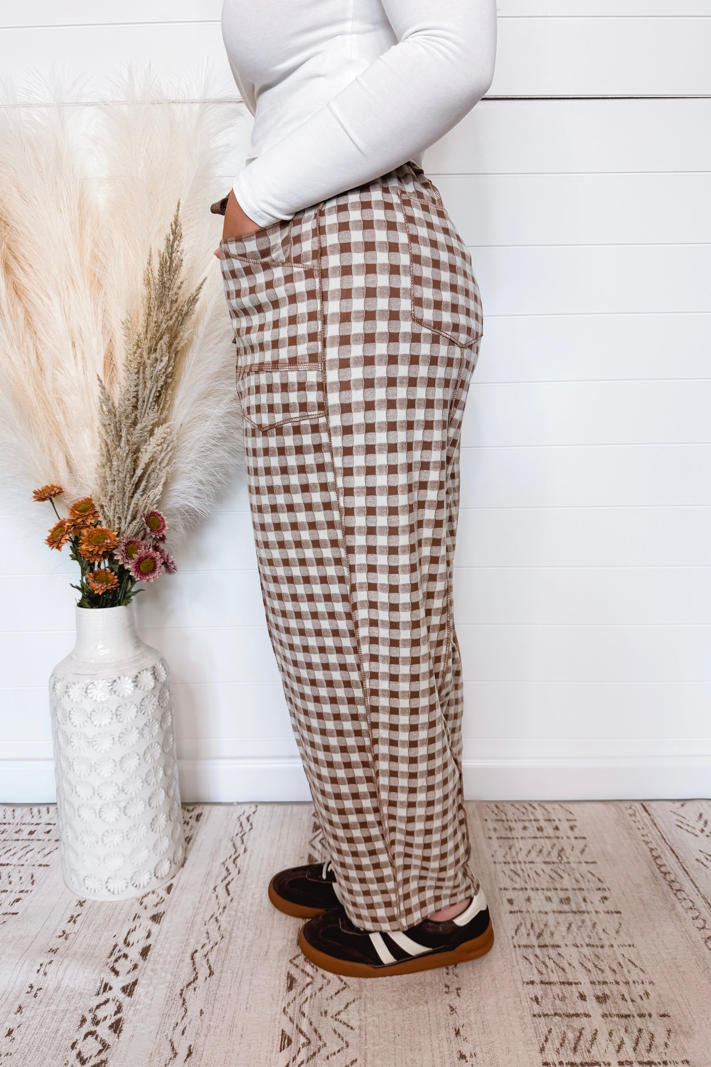 Chic Check Brushed Gingham Drawstring Pants - Mocha