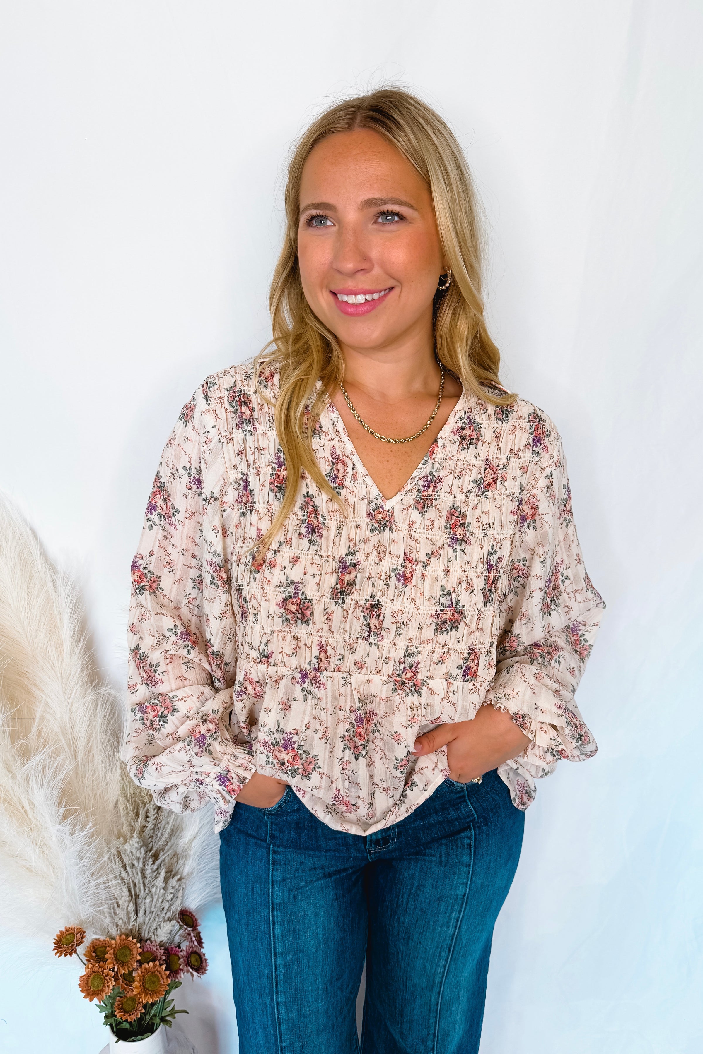 Floral Fields V-Neck Blouse - Ivory