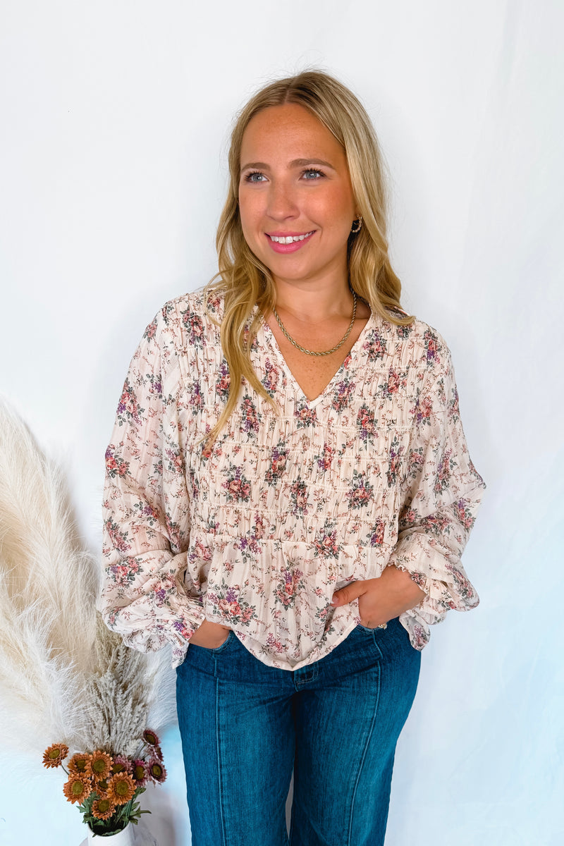 Floral Fields V-Neck Blouse - Ivory