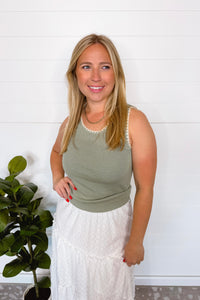 Macy Embroidered Trim Knit Tank - Sage