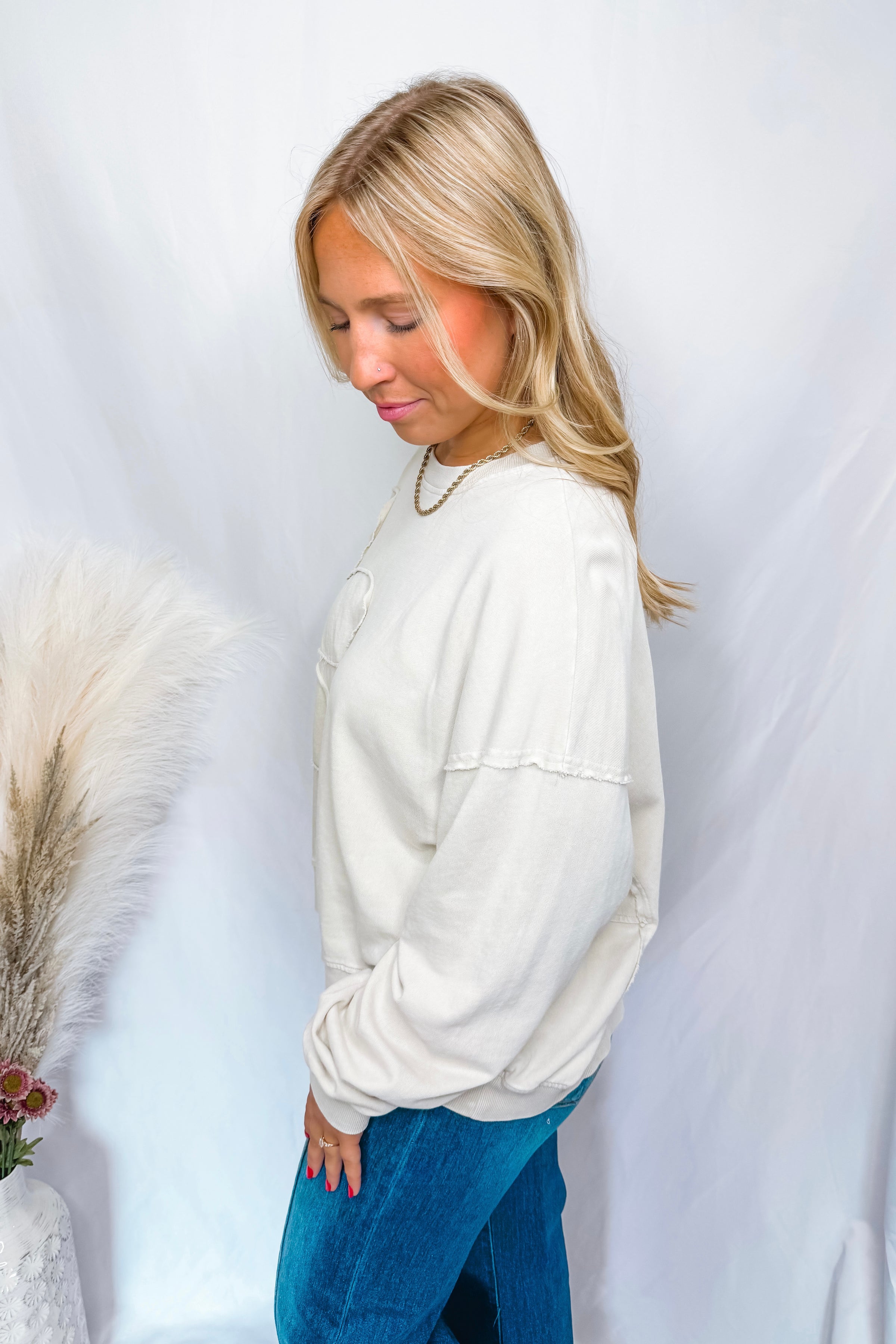 Frayed Flower Mineral Washed Crew Neck Top - Ivory