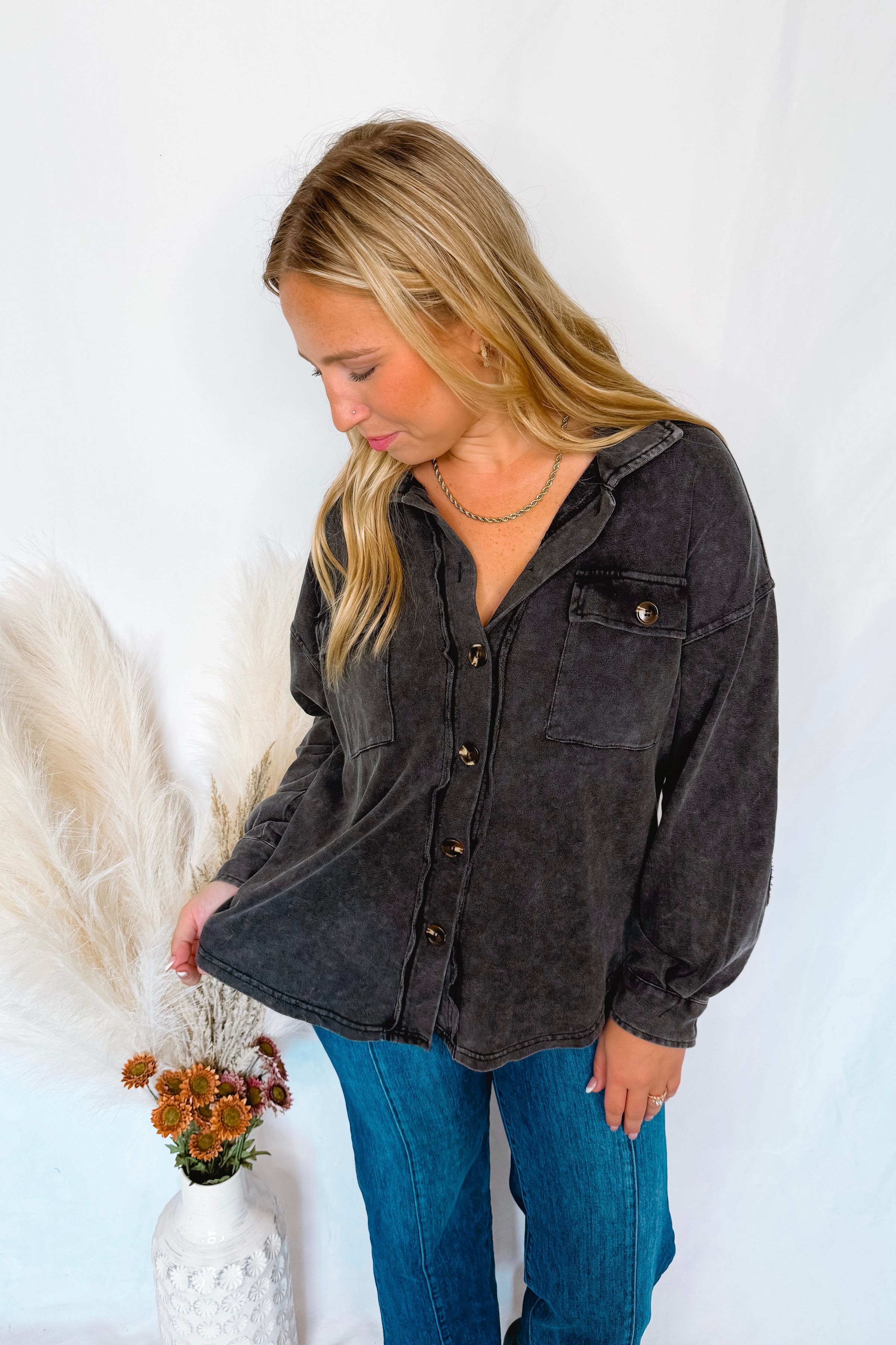 Cabin Chill Mineral Washed Button Down Top - Black