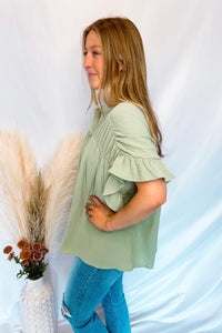 Gracie Ruffle Gauze Button Down Top - Sage