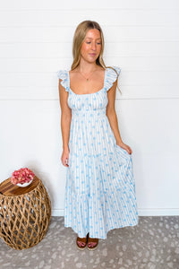 Garden Party Striped Floral Midi Dress - Light Blue