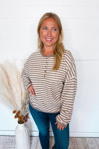Astrid Lightweight Striped Henley Sweater - Tan/Ivory