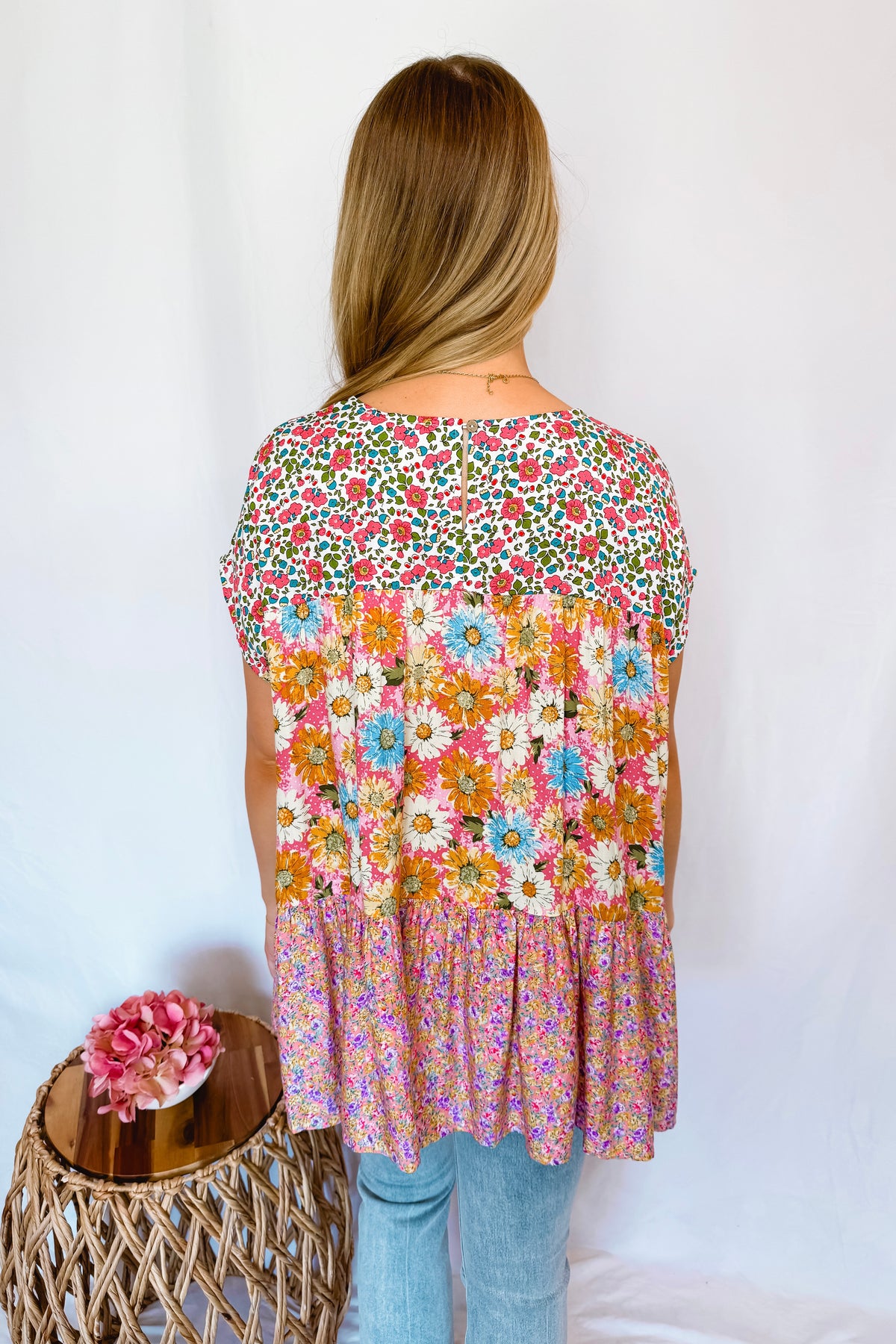 Sunny Gardens Floral Tiered Top - Pink/Blue Multi