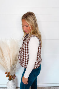 Coffee Time Quilted Gingham Vest - Brown