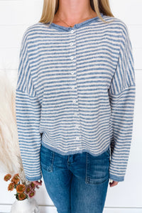 Gwen Lightweight Striped Button Sweater - Dusty Blue/Ivory