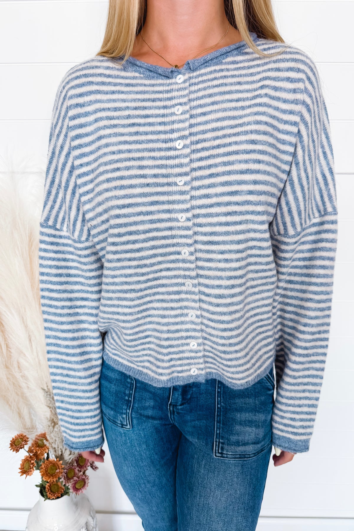 Gwen Lightweight Striped Button Sweater - Dusty Blue/Ivory