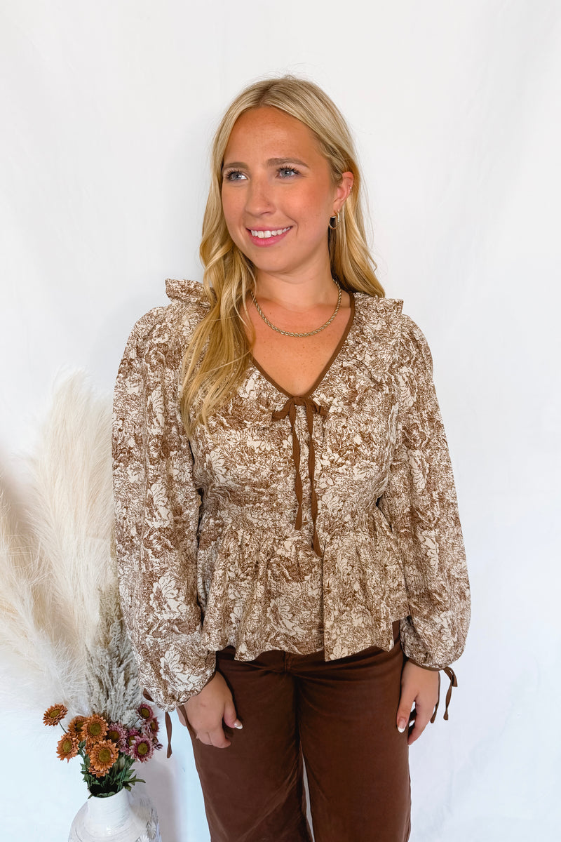 Count On Me Toile Babydoll Blouse - Brown/Ivory