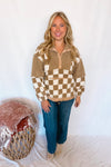 Casual Comforts Checkered Sherpa Pullover - Taupe