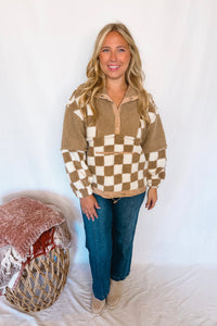 Casual Comforts Checkered Sherpa Pullover - Taupe