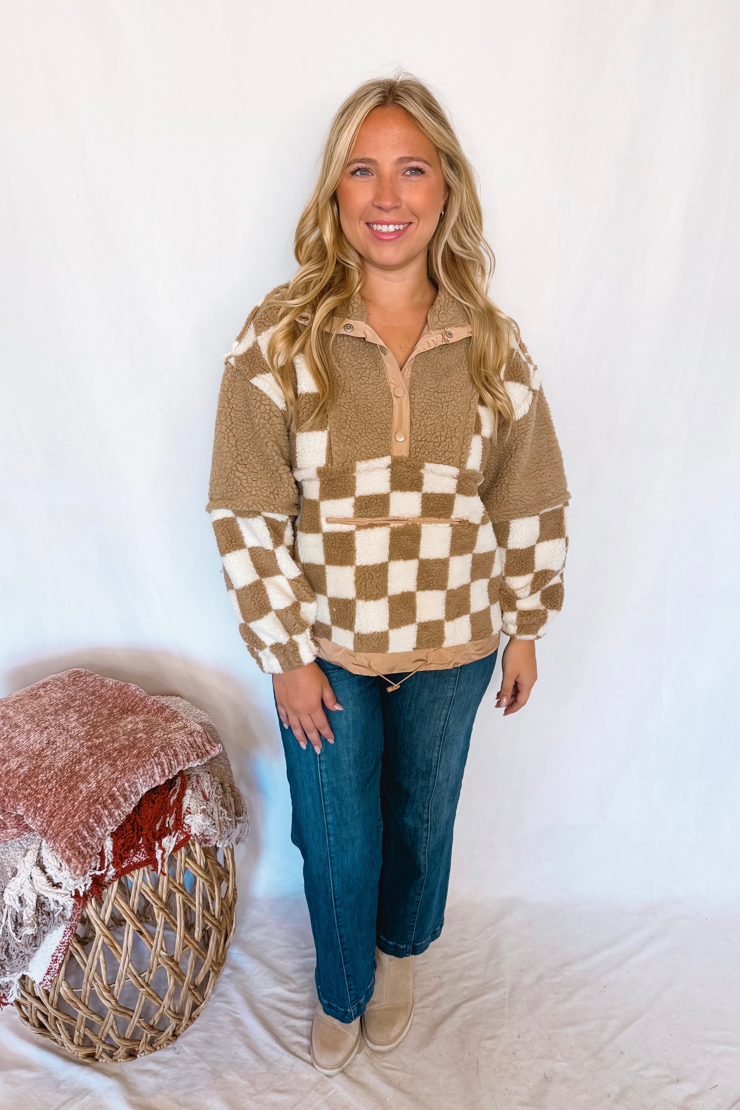 Casual Comforts Checkered Sherpa Pullover - Taupe