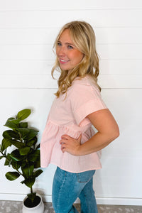 Annie Striped Split Neck Peplum Top - Blush