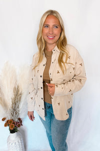 Pumpkin Patch Bow Corduroy Shacket - Ecru