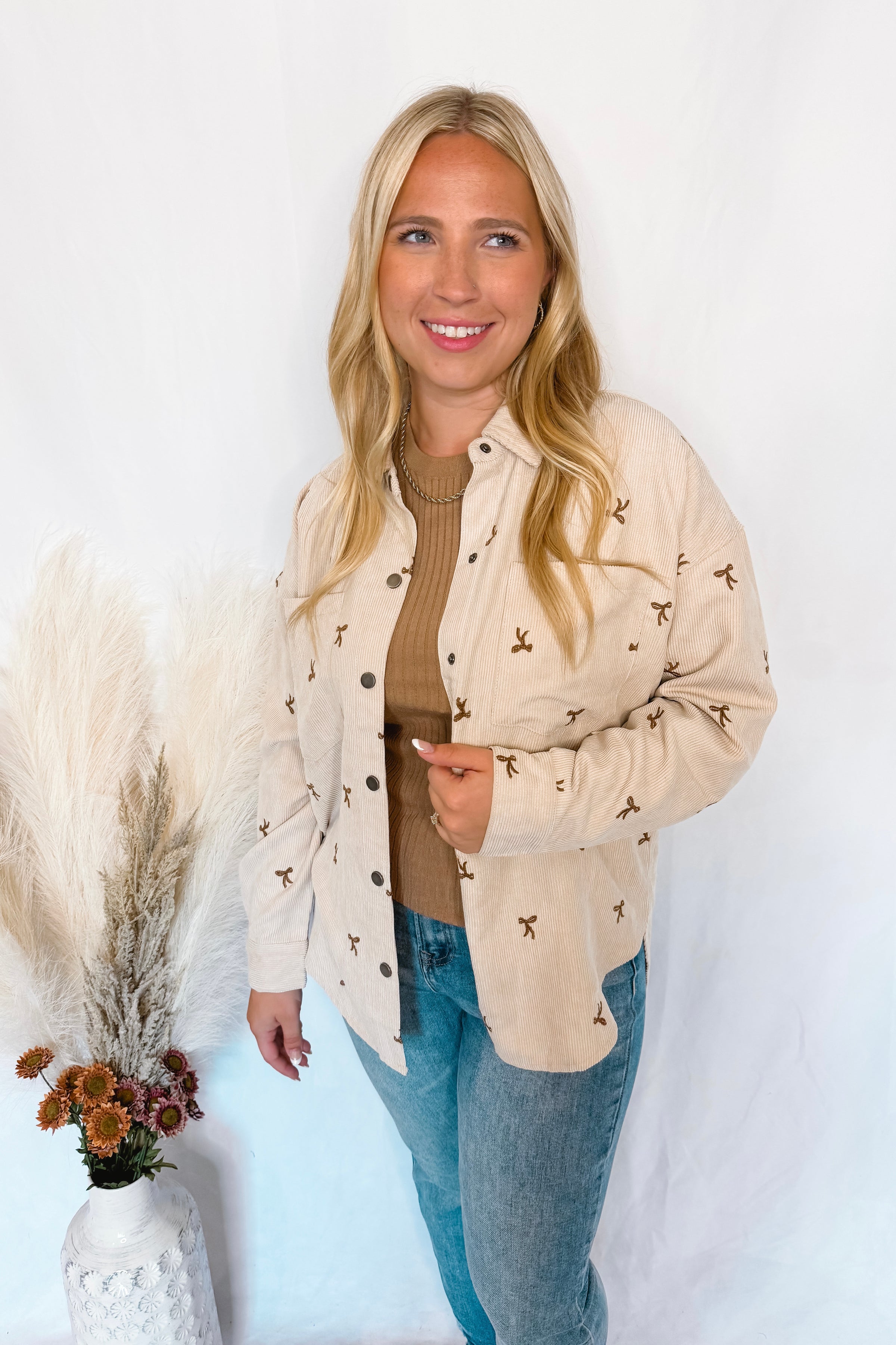 Pumpkin Patch Bow Corduroy Shacket - Ecru
