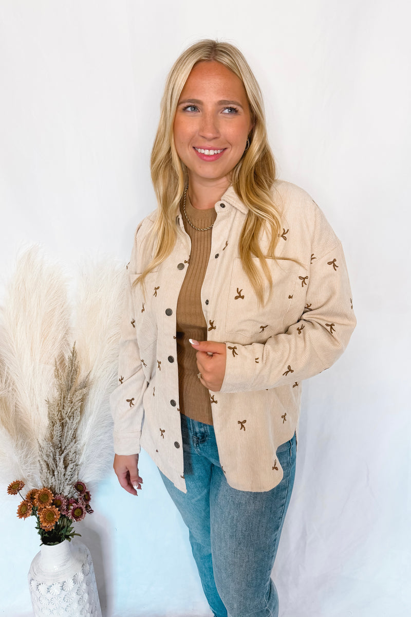 Pumpkin Patch Bow Corduroy Shacket - Ecru
