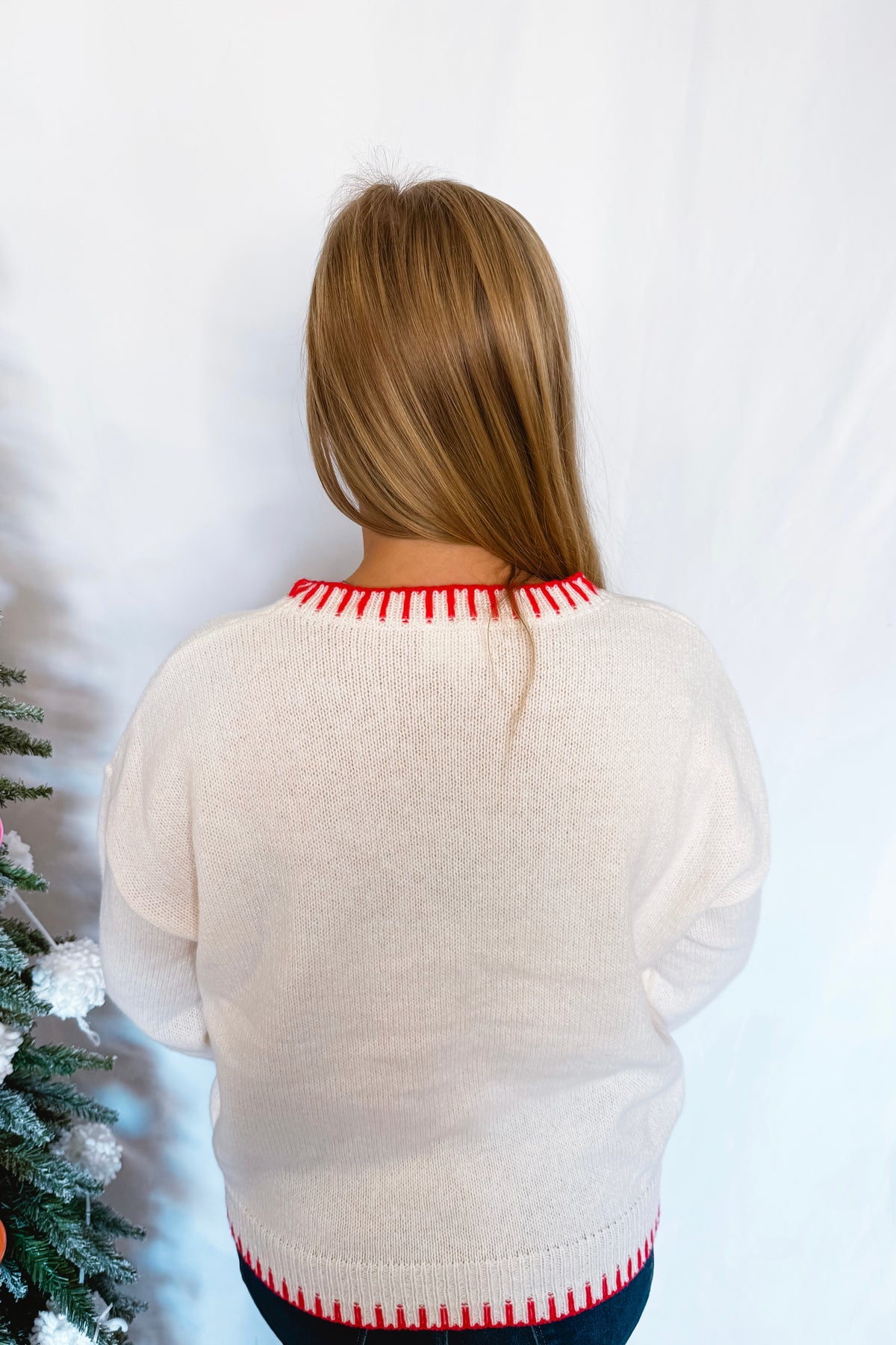 All Wrapped Up Bow Crew Knit Sweater - Ivory/Red