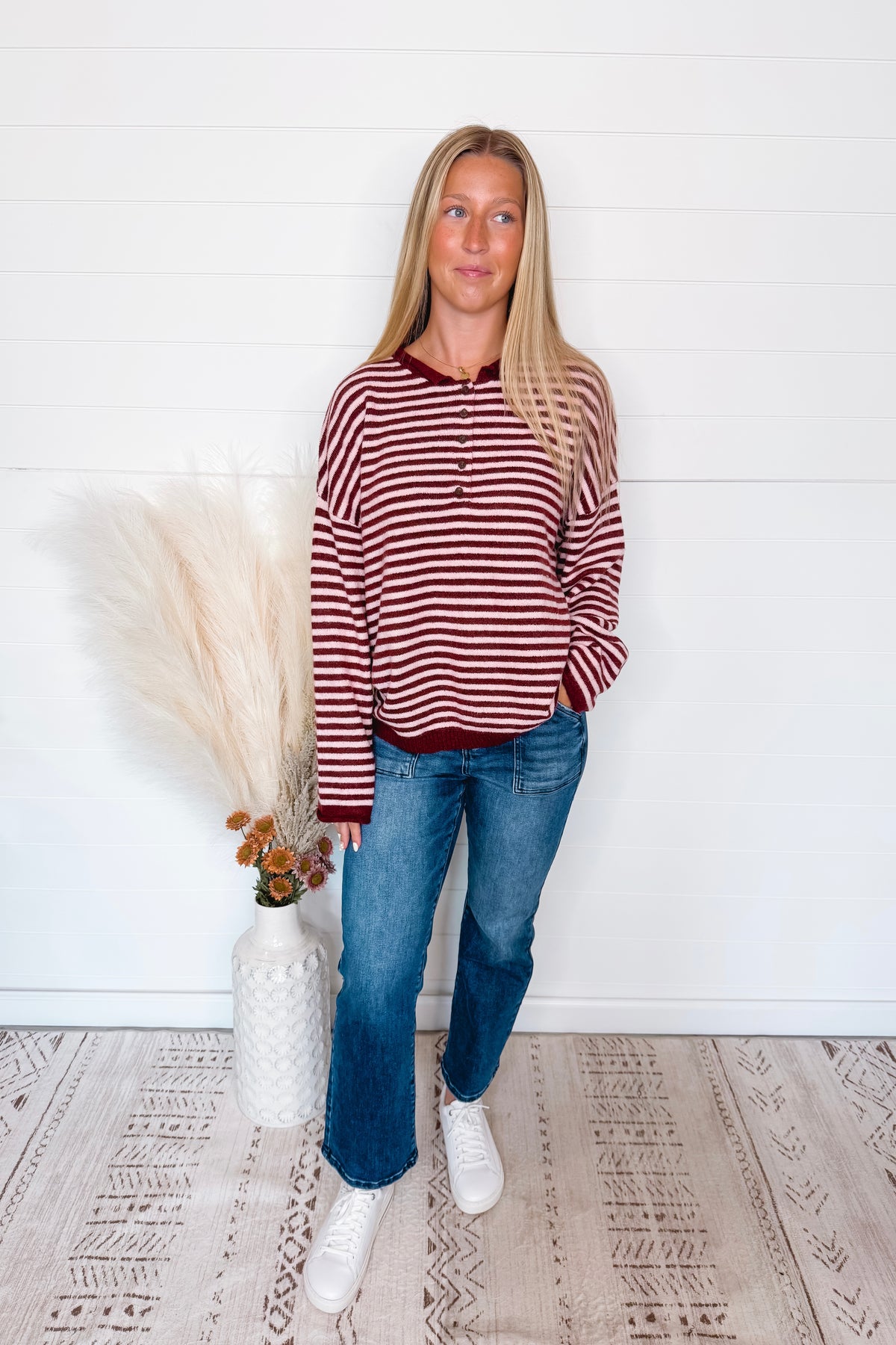 Astrid Lightweight Striped Henley Sweater - Burgundy/Pink