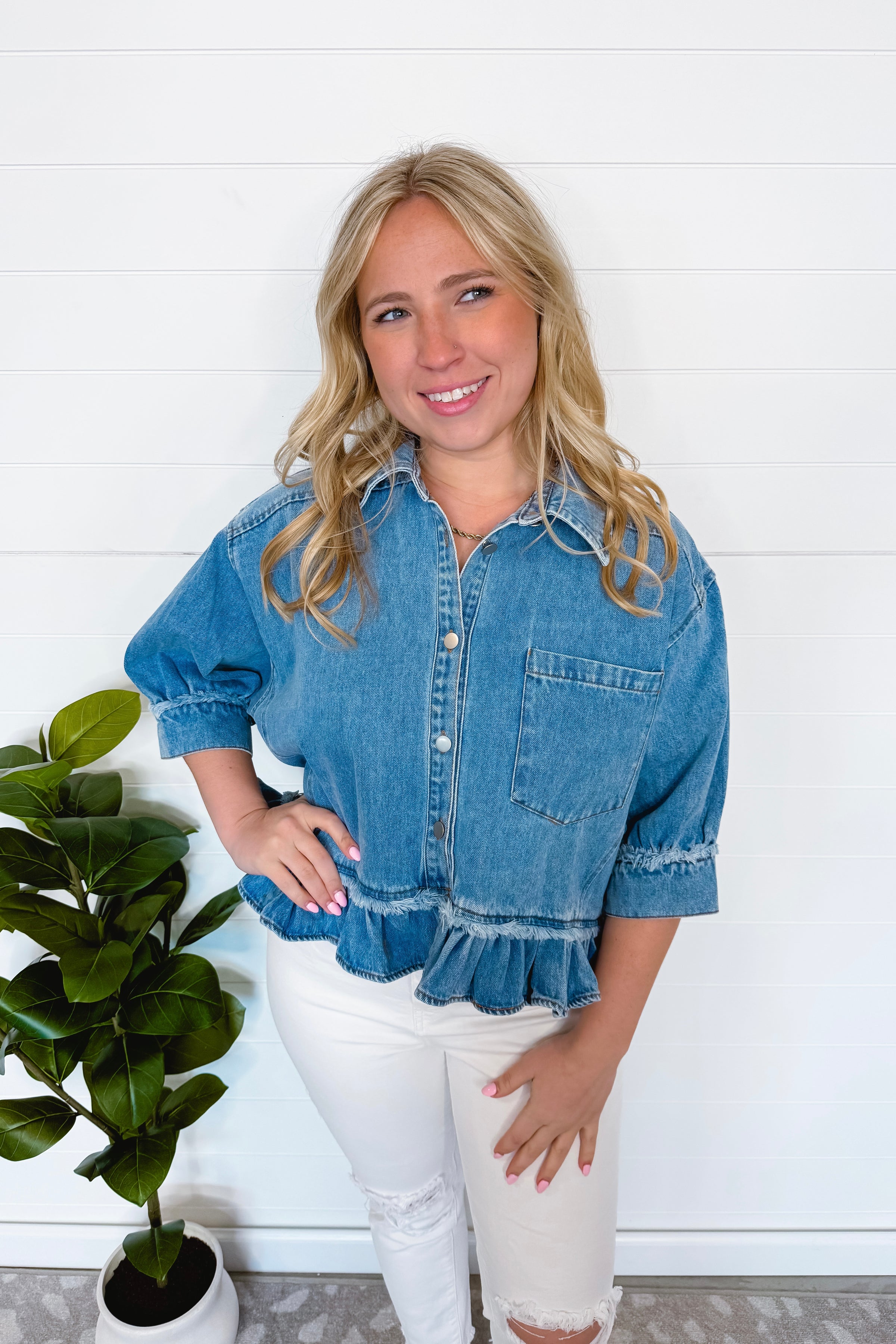 Downtown Ruffle Denim Top - Light