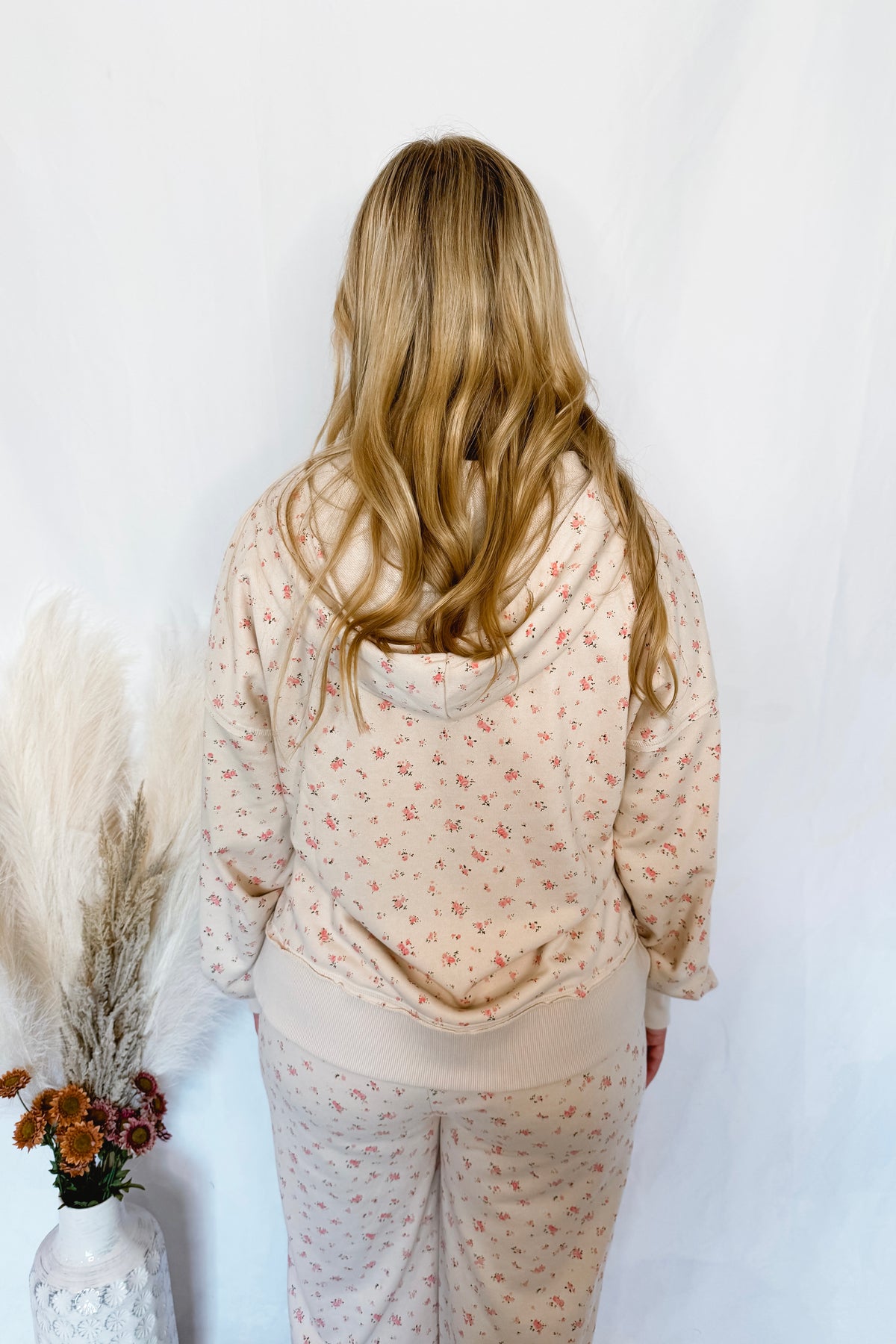 Casual Garden Flower Zip Up Hoodie - Cream