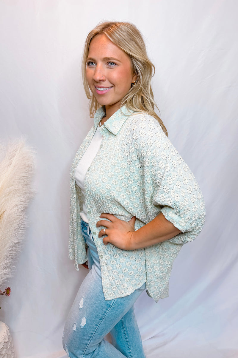 Picking Daisies Oversized Button Down Top - Light Blue