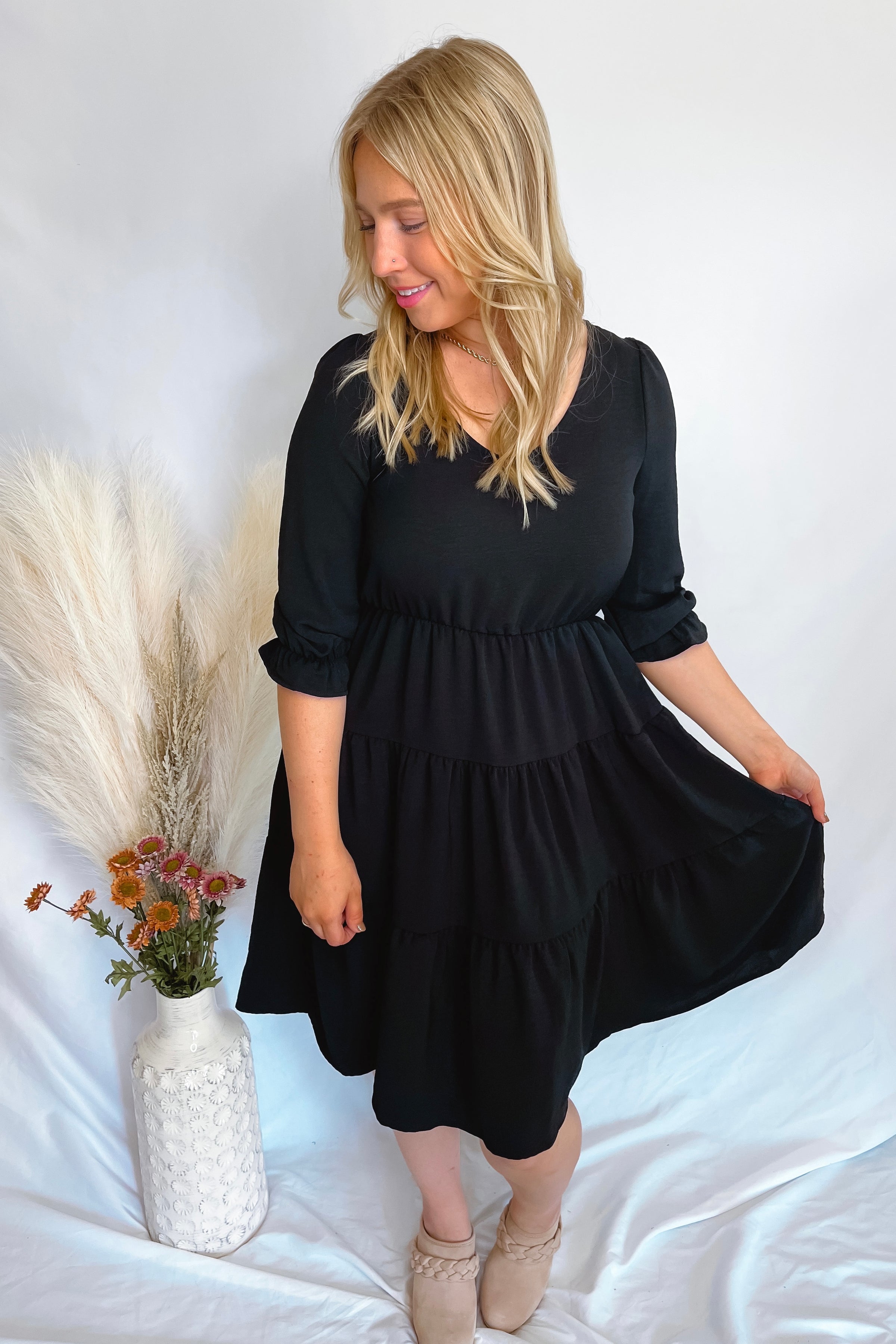 Fashionably Late Tiered Mini Dress - Black