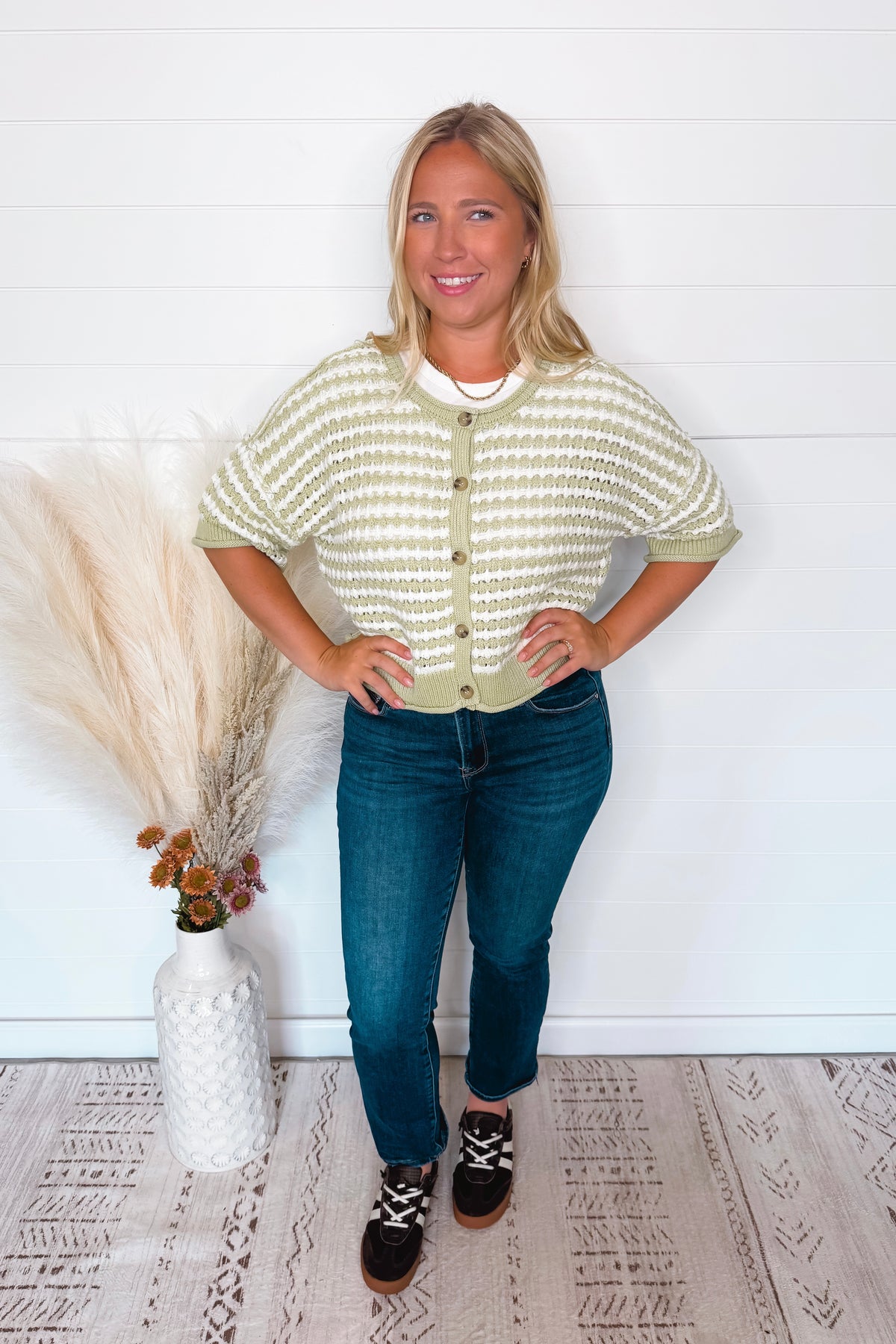 Warm Breeze Crochet Knit Button Sweater - Sage