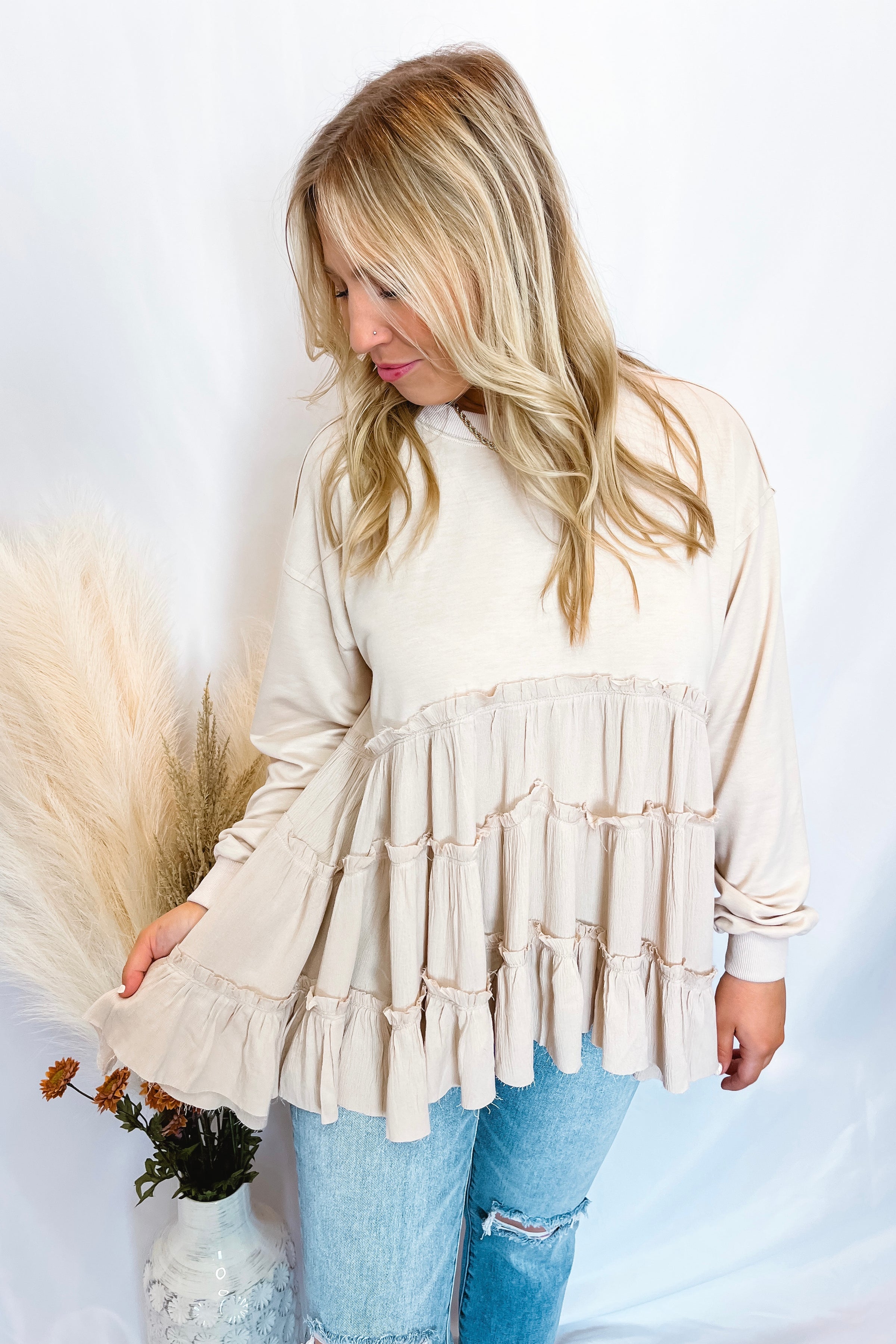 Happiness Tiered Ruffle Crew Neck Top - Oatmeal