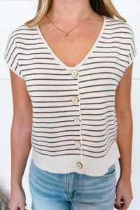 Bright Start Button Down Knit Top - Cream/Tan