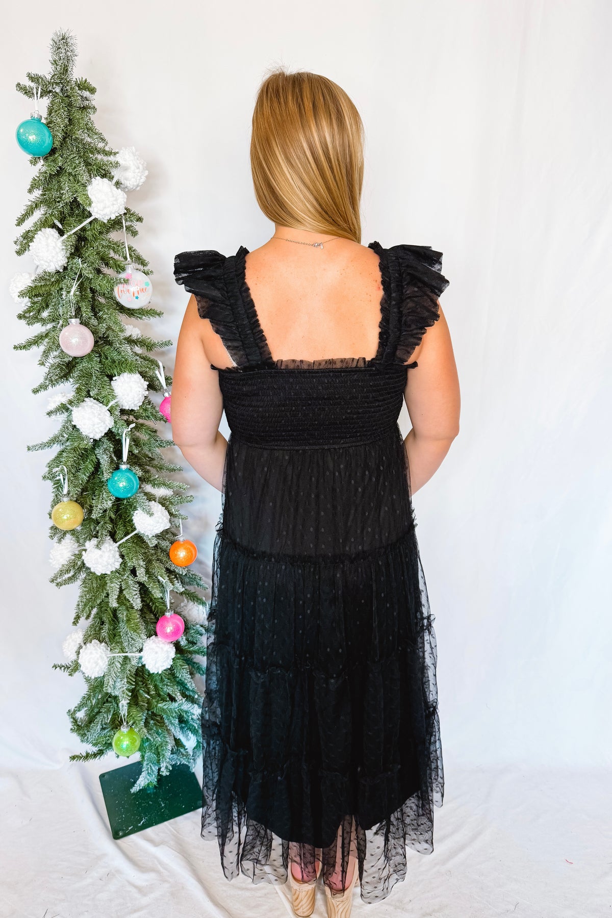 Monica Ruffle Strap Tulle Midi Dress - Black