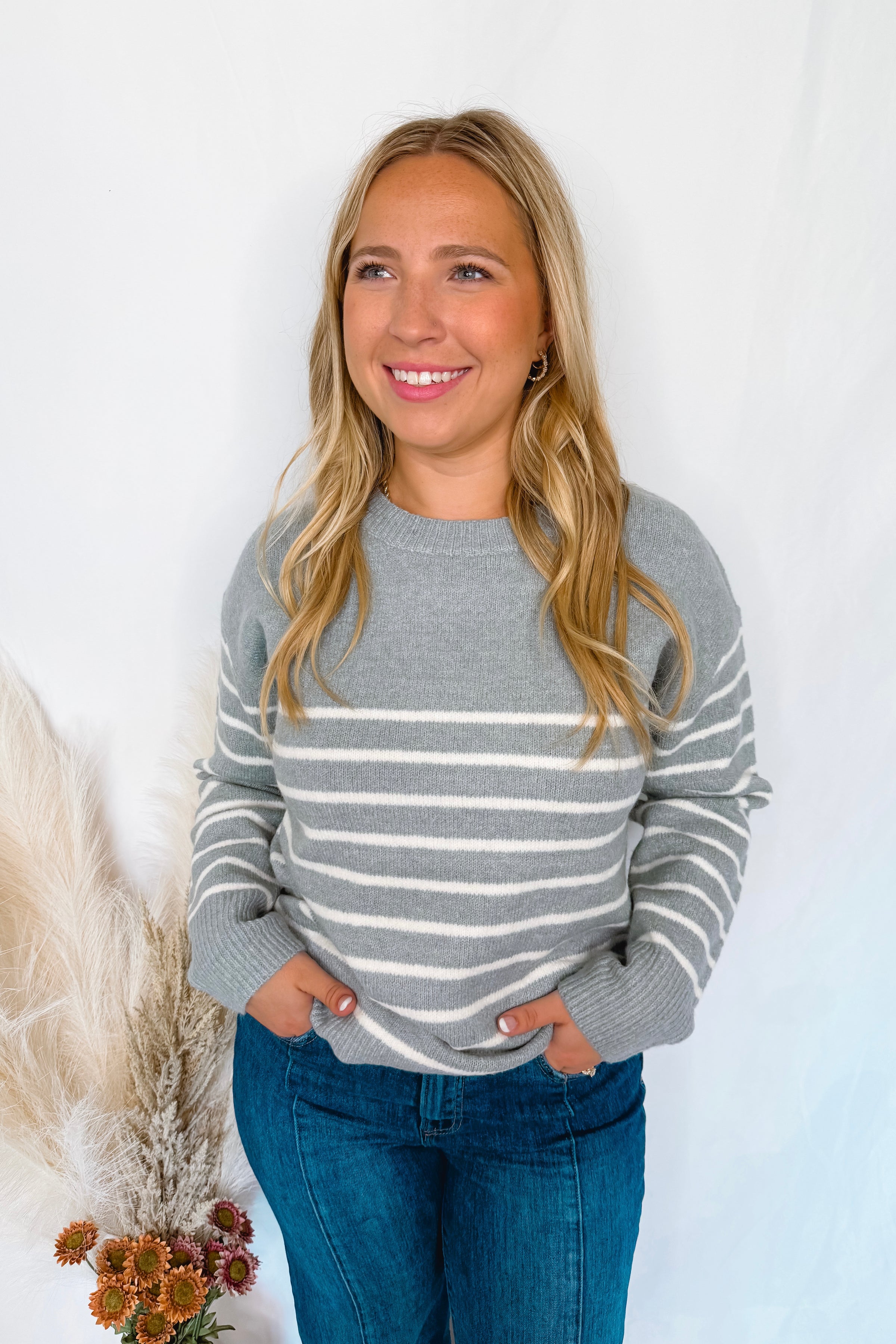 High Energy Striped Crew Neck Sweater - Dusty Blue
