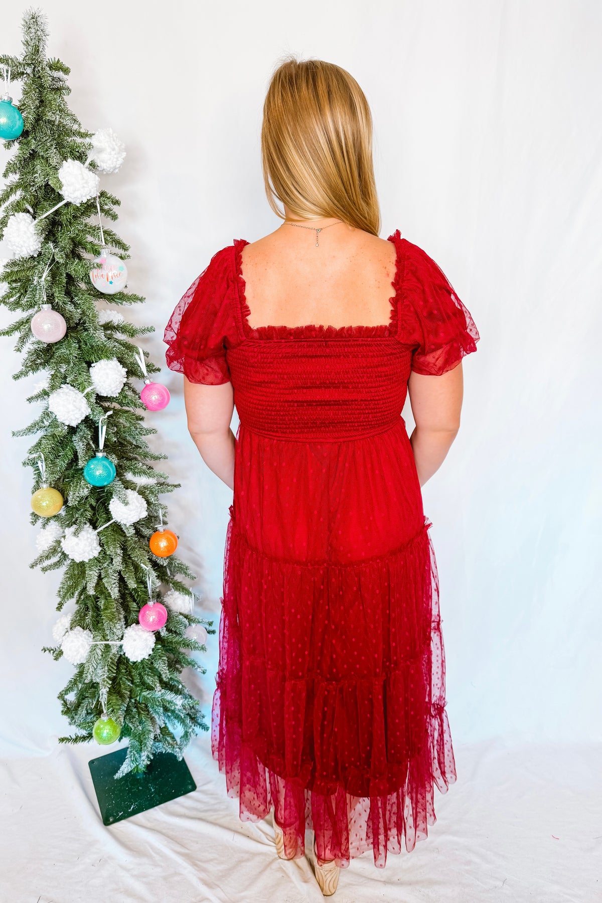 Phoebe Puff Sleeve Tulle Midi Dress - Red