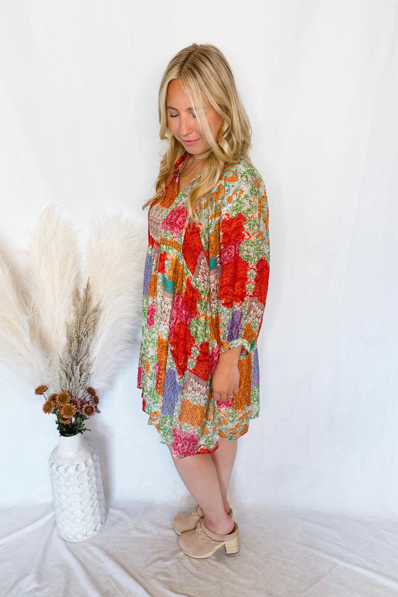 Tea Garden Patchwork Shift Dress - Green/Multi