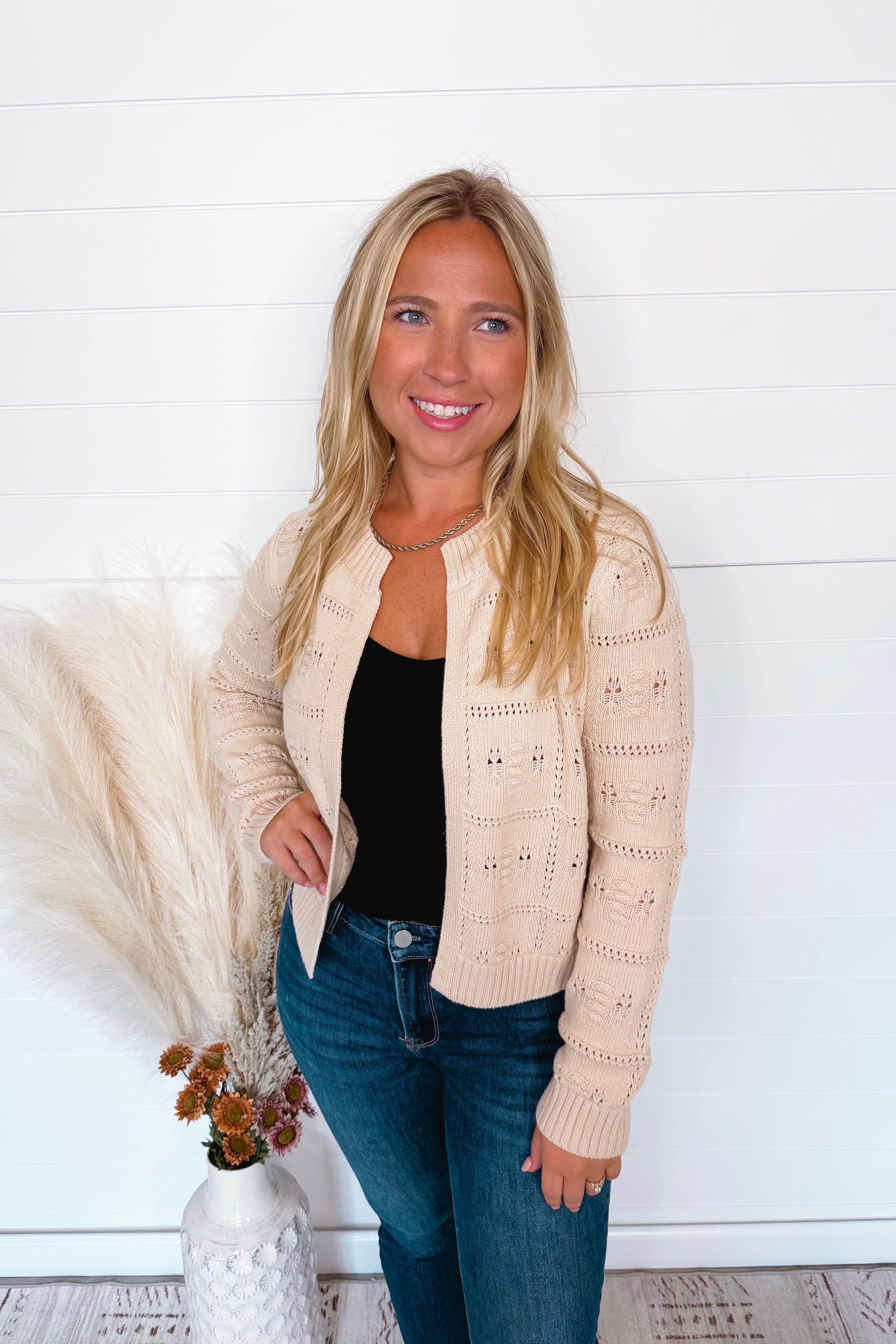 First Choice Textured Open Front Cardigan - Natural