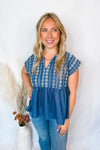 Just For Fun Babydoll Embroidery Blouse - Dark Denim