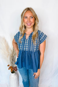 Just For Fun Babydoll Embroidery Blouse - Dark Denim