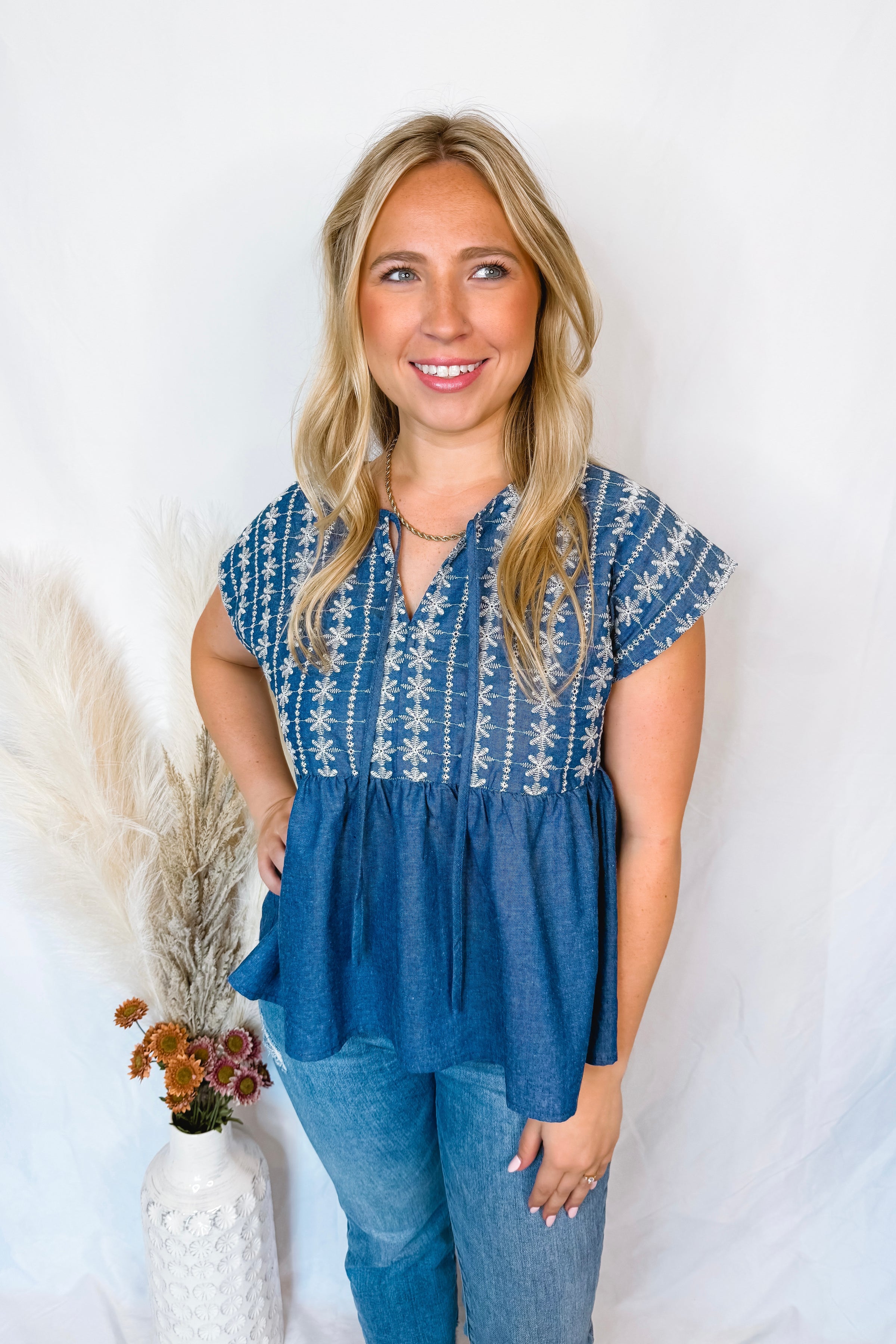 Just For Fun Babydoll Embroidery Blouse - Dark Denim